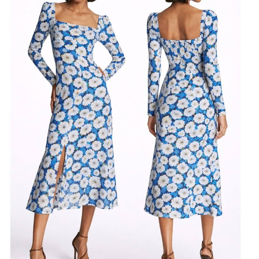 Reiss Floral Print Square Neck Midi Dress Size 4 Ruched Back Wedding Season